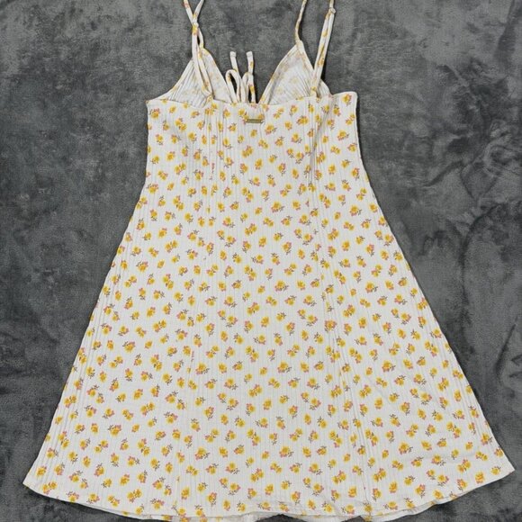 Billabong Ribbed Floral Mini Dress L Sunny Yellow Tie Front Spaghetti Strap EUC - Picture 2 of 5